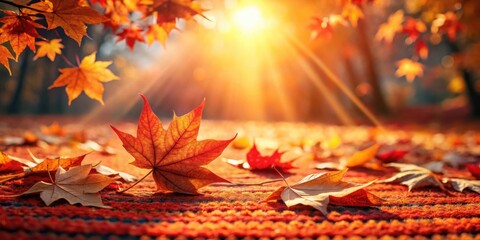 Poster - Autumnal Sunbeams Illuminate Fallen Maple Leaves on a Textured Surface