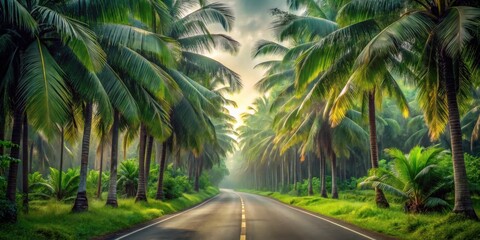 Aufkleber - Serene morning drive along a picturesque road lined with lush palm trees, bathed in the golden sunlight filtering through the canopy
