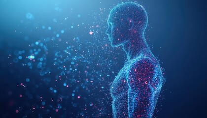 Fototapete - Abstract Digital Human Form Glowing with Blue and Pink Particles
