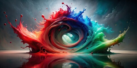 Poster - A vibrant, swirling vortex of multicolored liquid paints creates a mesmerizing abstract wave, reflecting its dynamic energy onto a calm, still surface.