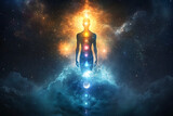 Concept of meditation and spiritual practice, expanding of consciousness, chakras and astral body activation, mystical inspiration image, generative ai