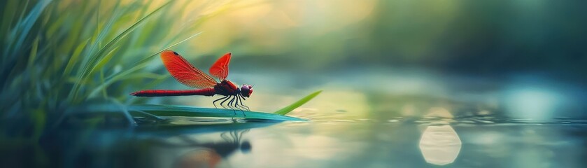 Poster - Red Dragonfly on a Green Leaf Near Calm Water