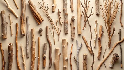 Aufkleber - Collection of assorted natural wood branches and twigs arranged on a neutral backdrop