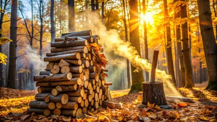 Poster - Autumnal Forest Scene Stacked Wood Logs, Golden Sunlight, and Misty Air in a Tranquil Woodland Setting