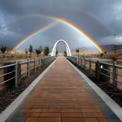 Aufkleber - A Walk Under the Rainbow: Scenic Pathway Leads to a Serene Landscape With a Vibrant Double Rainbow