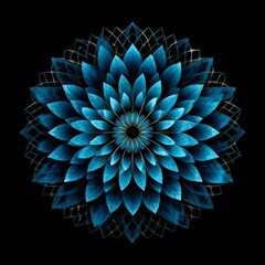 Poster - Blue Lotus Abstract Mandala: Fractal Design with Intricate Petal Patterns on Dark Background, Spiritual Art