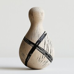 Poster - Handcrafted Wooden Bowling Pin with Abstract Black Cross Design, Minimalist Studio Setting