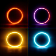 Fototapete - Neon Rings: A Quartet of Glowing Circles Reflecting on a Dark Surface, Creating a Modern and Abstract Ambiance.