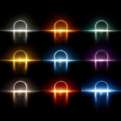 Poster - Radiant Neon Circles Reflecting on Water Surfaces in Varied Colors against a Black Backdrop, Creating a Mystical Atmosphere