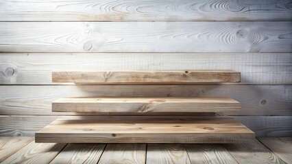 Poster - Rustic Wooden Shelves Against Weathered Plank Wall Ideal for Displaying Products or Decor