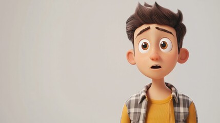 Wall Mural - a young boy with brown hair and a yellow shirt, standing in front of a white background with a neutr