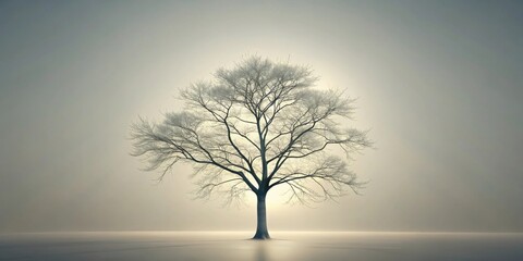 Aufkleber - A lone, leafless tree stands silhouetted against a pale sunrise, its branches reaching towards the soft, misty horizon.