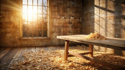 Aufkleber - Rustic Wooden Room with Table Covered in Wood Shavings and Sunlit Window