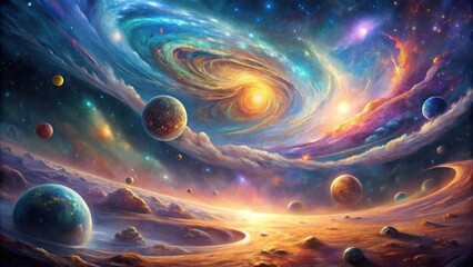 Poster - Cosmic Panorama A Celestial Tapestry of Planets, Nebulae, and Star Systems in Vibrant Hues
