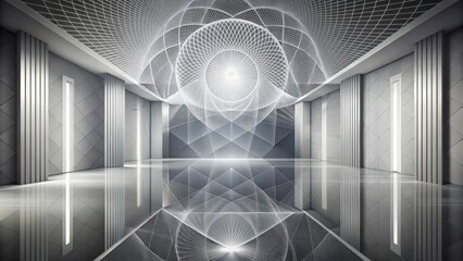 Fototapete - Reflective Floor and Intricate Geometric Ceiling Design in a Modern Hallway