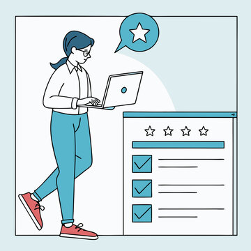 Woman completing online survey with laptop and positive review feedback concept