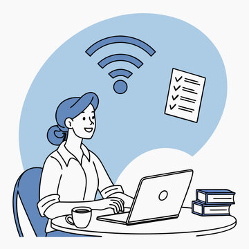 Smiling woman working on a laptop with wifi symbol and task list illustration