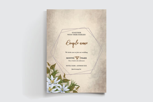 WEDDING INVITATION FRAME WITH FLOWER DECORATIONS AND FRESH LEAVES