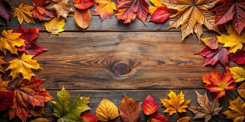 Poster - Autumnal foliage arranged on rustic wooden surface creates a vibrant seasonal frame