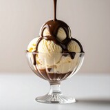 Coupe de glace à la vanille sur laquelle est versé du chocolat fondu. Custom AI Model