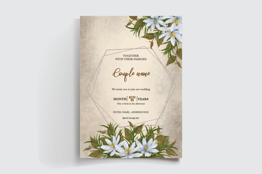 WEDDING INVITATION FRAME WITH FLOWER DECORATIONS AND FRESH LEAVES