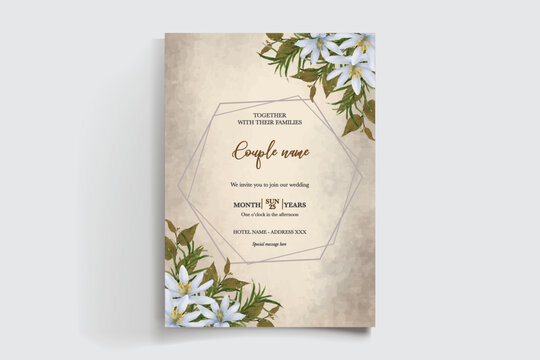 WEDDING INVITATION FRAME WITH FLOWER DECORATIONS AND FRESH LEAVES