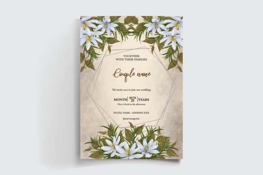WEDDING INVITATION FRAME WITH FLOWER DECORATIONS AND FRESH LEAVES