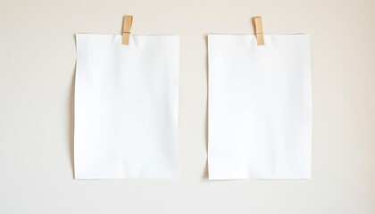 Wall Mural - Two folded white sheets of paper taped to a wall, simple, flat lay