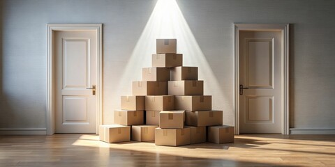 Poster - Sunlit Room with Stack of Cardboard Boxes Flanked by Closed Doors Ready for Relocation or New Beginnings