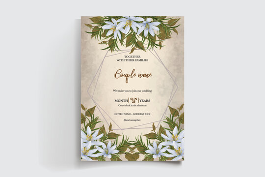 WEDDING INVITATION FRAME WITH FLOWER DECORATIONS AND FRESH LEAVES