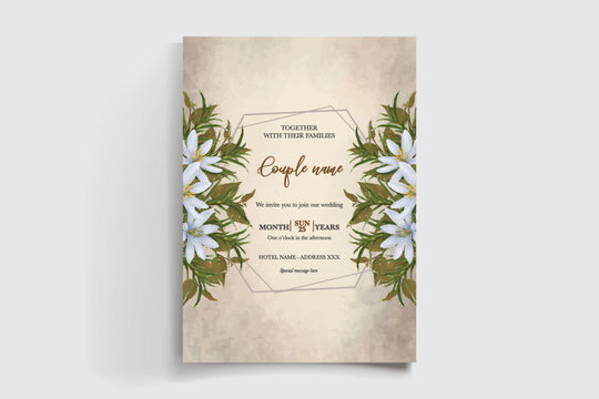 WEDDING INVITATION FRAME WITH FLOWER DECORATIONS AND FRESH LEAVES