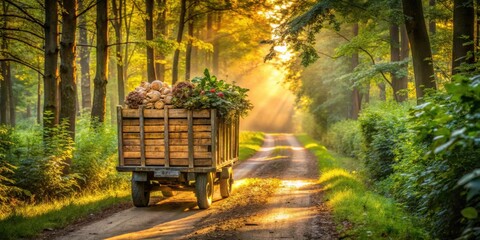 Poster - Rustic Wooden Cart Laden with Harvested Goods Rolls Down Sunlit Forest Path
