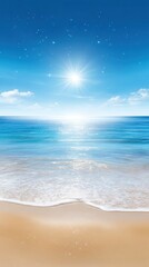 bright sun shining over calm ocean water with sandy beach under clear blue sky.