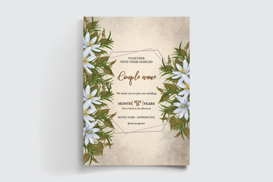 WEDDING INVITATION FRAME WITH FLOWER DECORATIONS AND FRESH LEAVES