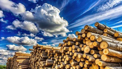 Aufkleber - Stack of Timber Under a Vivid Sky with Puffy Clouds