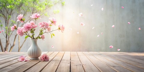 Poster - Delicate Pink Blossoms in a White Vase on Wooden Table with Falling Petals