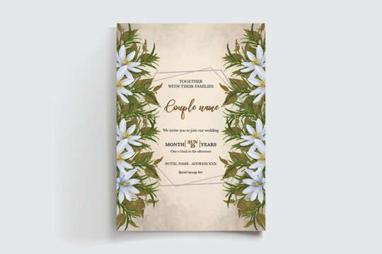 WEDDING INVITATION FRAME WITH FLOWER DECORATIONS AND FRESH LEAVES