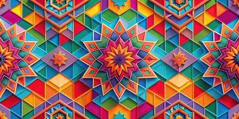 Aufkleber - Vibrant Geometric Textile Design Featuring Intricate Starburst Motifs and Multifaceted Polygonal Shapes in a Kaleidoscopic Pattern