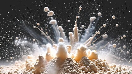 Poster - Explosive eruption of fine particles abstract studio digital art dark environment close-up view visual impact for creative design