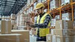 © YUTTAKARN - A focused male warehouse worker in a yellow vest and hardhat inspects boxes surrounded by inventory shelves filled with packaged goods in a distribution center.