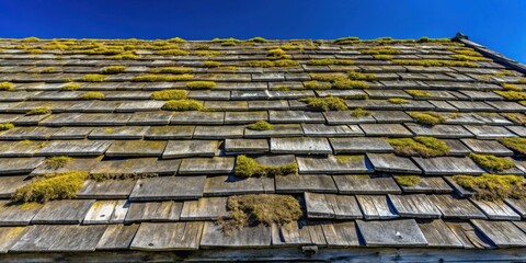 Aufkleber - Aged Wooden Shingle Roof with Vibrant Moss Growth Under a Clear Sky