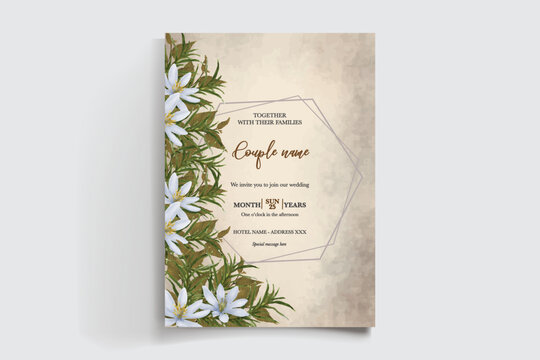 WEDDING INVITATION FRAME WITH FLOWER DECORATIONS AND FRESH LEAVES