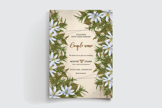 WEDDING INVITATION FRAME WITH FLOWER DECORATIONS AND FRESH LEAVES