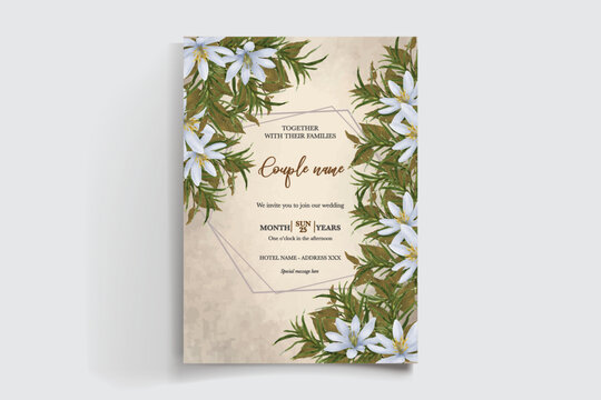 WEDDING INVITATION FRAME WITH FLOWER DECORATIONS AND FRESH LEAVES