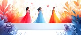 Three women in colorful dresses are standing on a white background