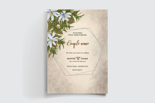 WEDDING INVITATION FRAME WITH FLOWER DECORATIONS AND FRESH LEAVES