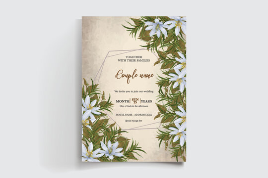 WEDDING INVITATION FRAME WITH FLOWER DECORATIONS AND FRESH LEAVES