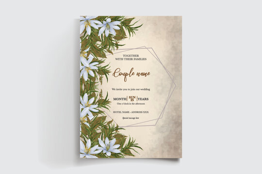 WEDDING INVITATION FRAME WITH FLOWER DECORATIONS AND FRESH LEAVES