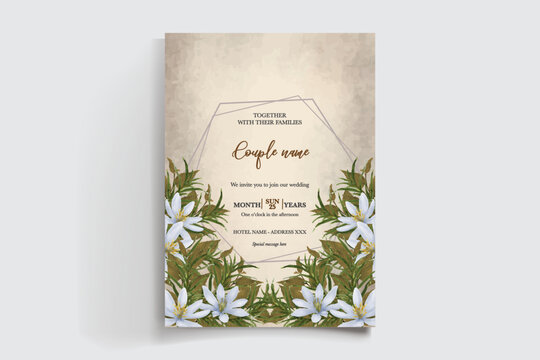 WEDDING INVITATION FRAME WITH FLOWER DECORATIONS AND FRESH LEAVES