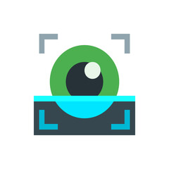 Poster - Illustration of a green eye with a black pupil and white reflection, framed by gray and blue shapes, flat design